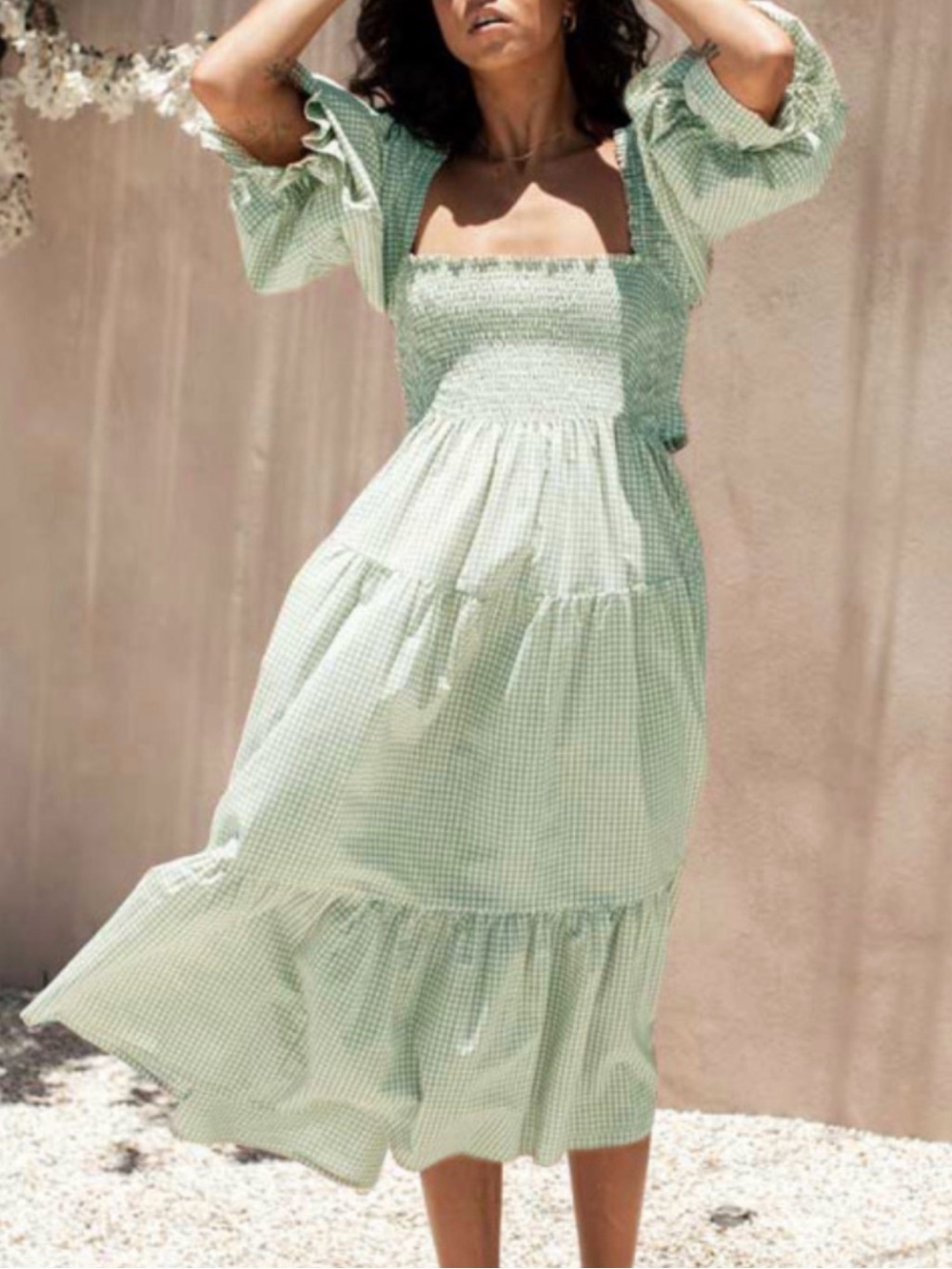 R. Vivimos Smocked Square-Neck Midi Dress in Sage Green Gingham. Size Small 4/6